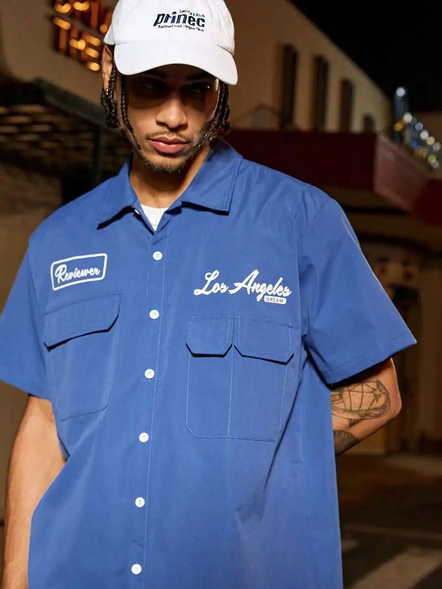 

Men's Loose Fit Blue Utility Pocket Button-Up Short Sleeve Casual Shirt