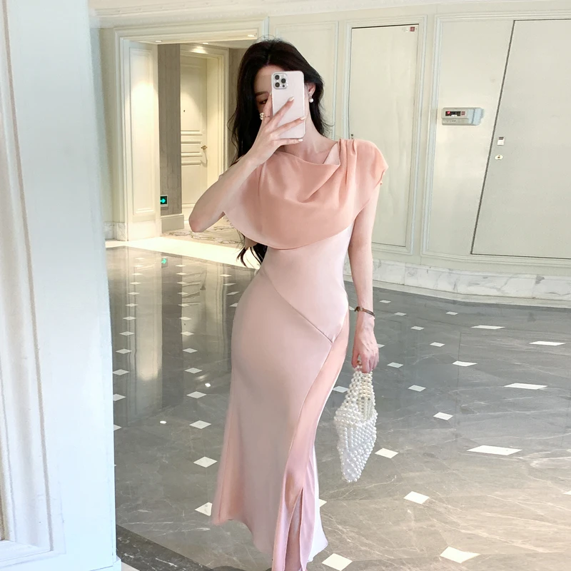 France Fashion Summer Pink Satin Chiffon Patchwork Mermaid Dress For Women O Neck Ruffles Sleeve Bodycon Split Long Club Dresses