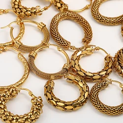 Trendy Stainless Steel Textured Metal Round Hoop Earrings for Women Gold Color Geometric Circle Earrings Waterproof  Jewelry
