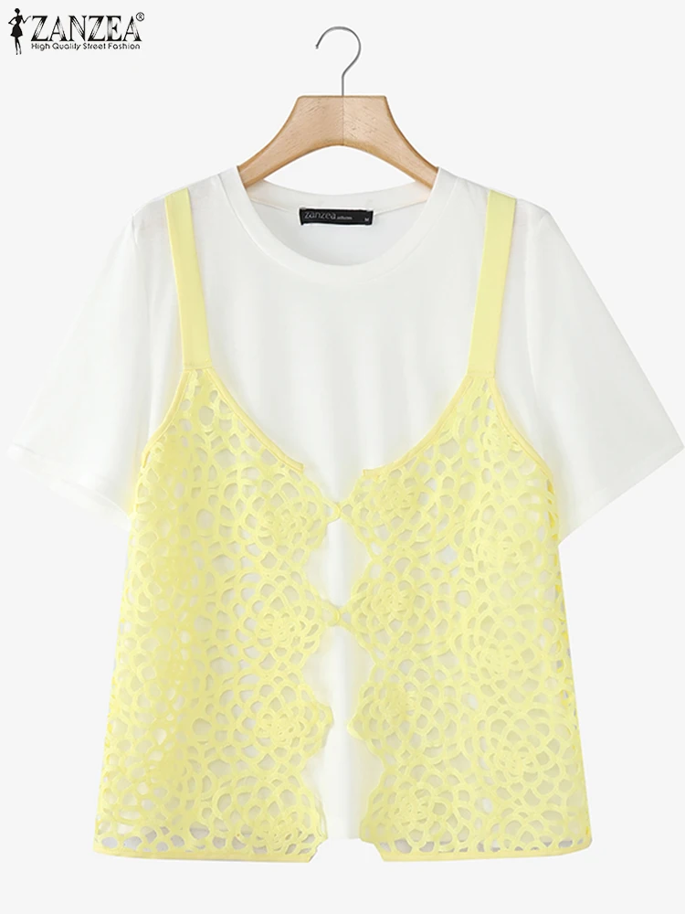 ZANZEA 2025 Fashion Patchwork Blouse Casual Loose knitted Tops Fake 2-piece Sets Tunics Fashion O Neck Blusas Spliced Pullover