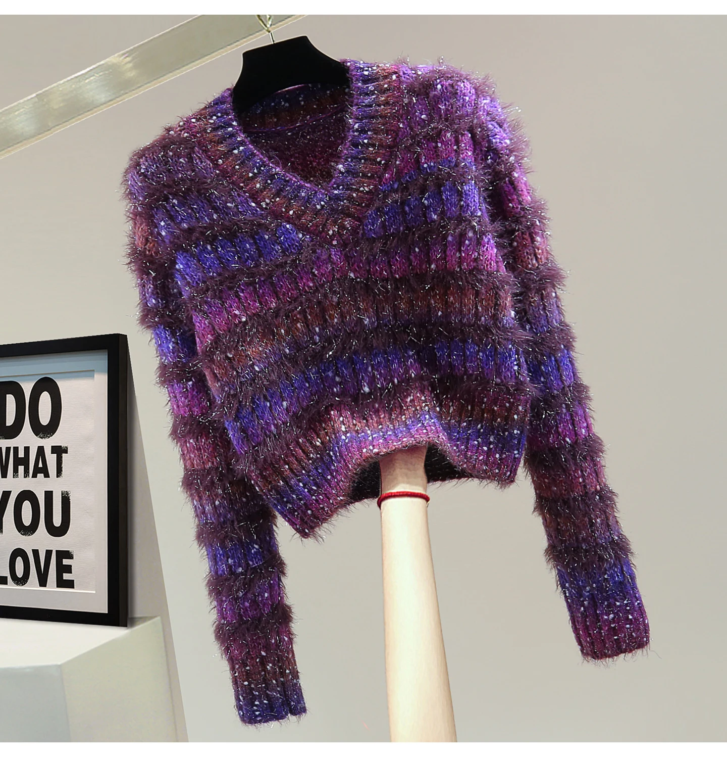 

Soft Striped Mohair Pullover Knit Sweater, 2025 Autumn Winter High Waist Short Gradient V-Neck Sweater Trendy