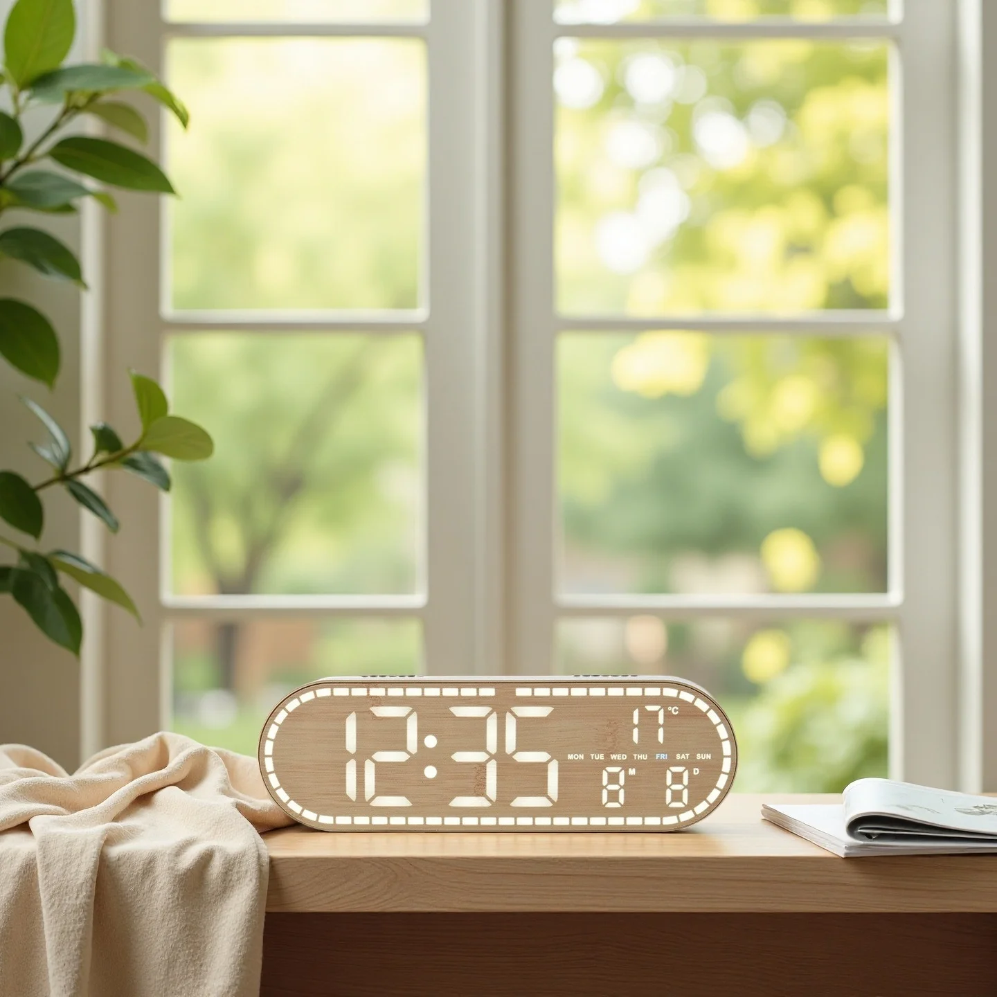 USB-Betriebene Digitale Wanduhr mit Temperatur-, Wochen- und Datumsanzeige, Doppelalarm, 4 Helligkeitsstufen, Timer, Schlummerfunktion, Tischuhr, 12/24-Stunden-LED-Uhr – Detail 7