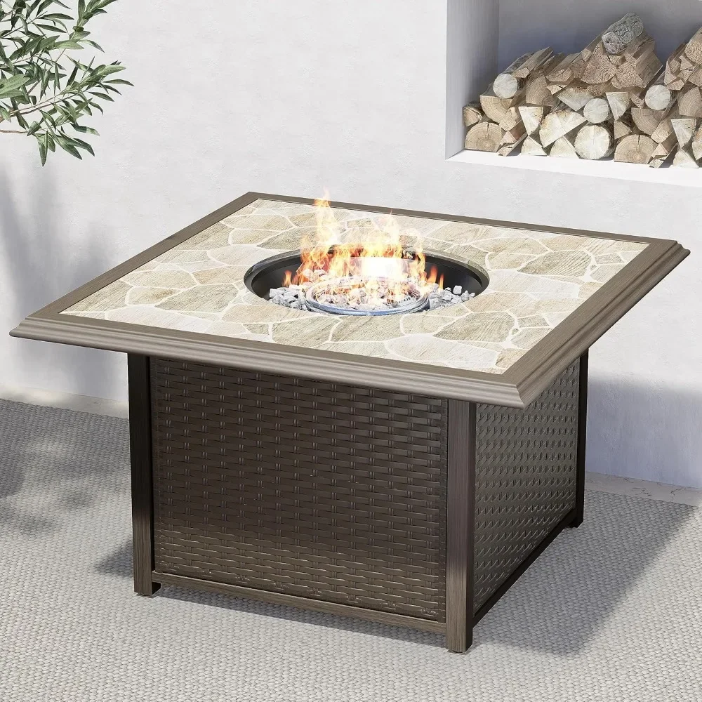 

Propane Gas Fire Pit Table 41 Inch Wicker Base Marble-Texture Ceramic Tile Top Outdoor Square Fire Pit Outdoor Heating