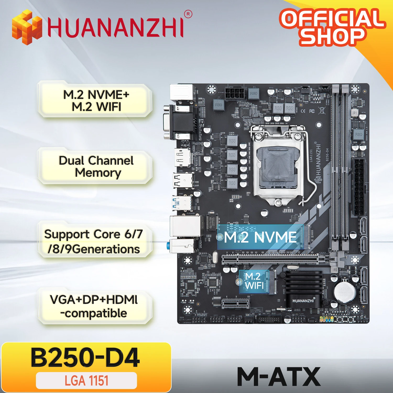 

HUANANZHI B250 D4 M-ATX Motherboard Intel LGA 1151 Support 6/7/8/9 generation DDR4 2133/2400/2666MHz 32GB M.2 SATA3 USB3.0 VGA