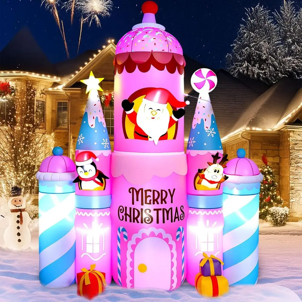 

Large Chrisas Iatables Outdoor Decorations, 10 T Pink Castle Chrisas Iatables Ice Cream Candy Castle Blow Up Decor with Built-in