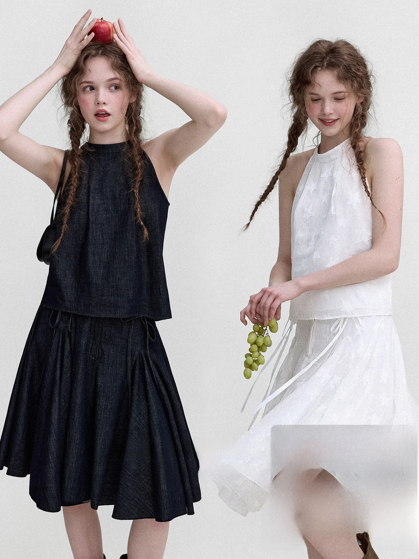 

LeNordic Vintage 100% Cotton Breathable Denim Halter Neck A-Line Umbrella Skirt Set Women's Fashion Summer Casual Wear