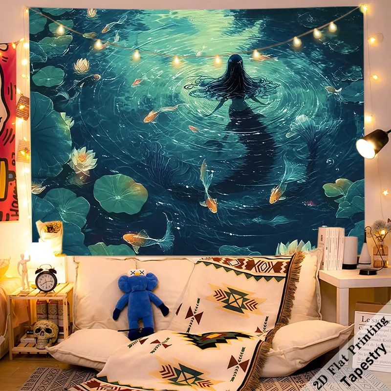 Elegant Mermaid Underwater Sea Fantasy Boho Tapestry Wall Decor Room Art Large Size 180x280cm Mystical Ocean Decor Gift view 3