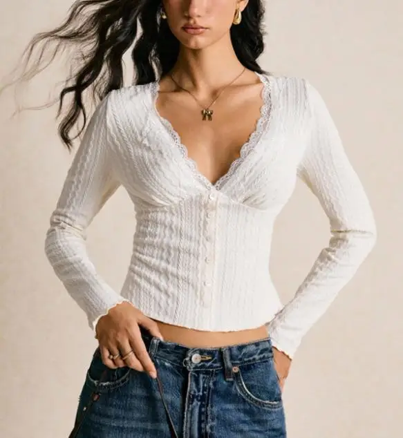

Autumn Winter Temperament Lace V-Neck Base Top Slim Fit Long Sleeved T-Shirt Spicy Girl Sexy Tight and Elegant Top for Women