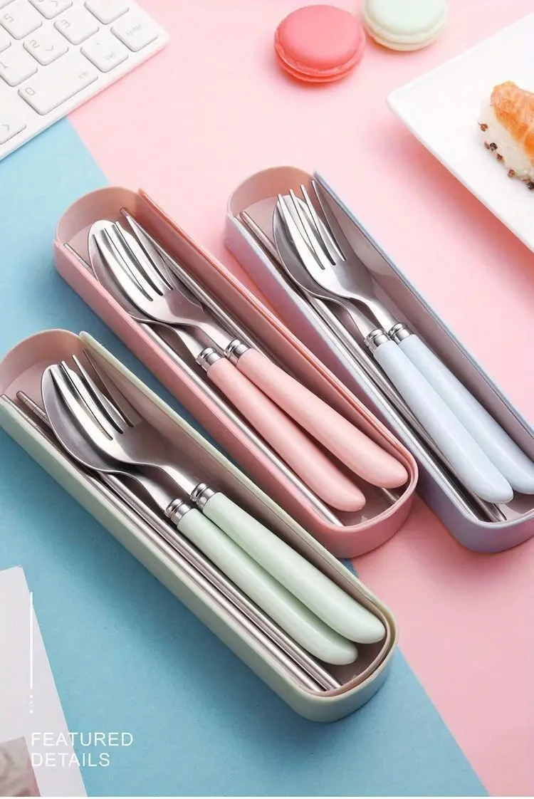 3pcs Premium Stainless Steel Cutlery Set with Fork, Chopsticks, Spoon and Storage Box - Perfect Gift for Office Workers and Stud