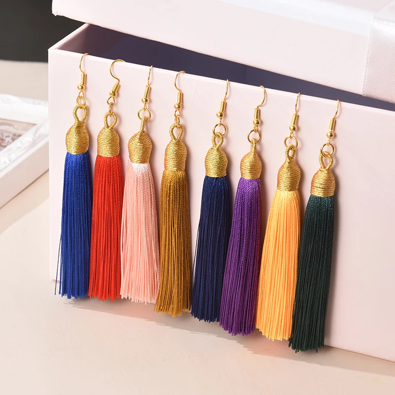 Fashion Tassel Earrings Women Silk Fabric Gold Color Rope Wrap Fringe Long Drop Dangle Earings For Girls Bohemia Wedding Jewelry