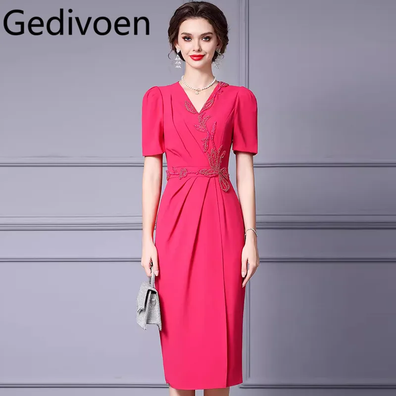 Gedivoen Summer Fashion Runway Designer Dresses Women's Vintage Solid Color Beading Embroidery Ruched Side Split Elegant Dresses