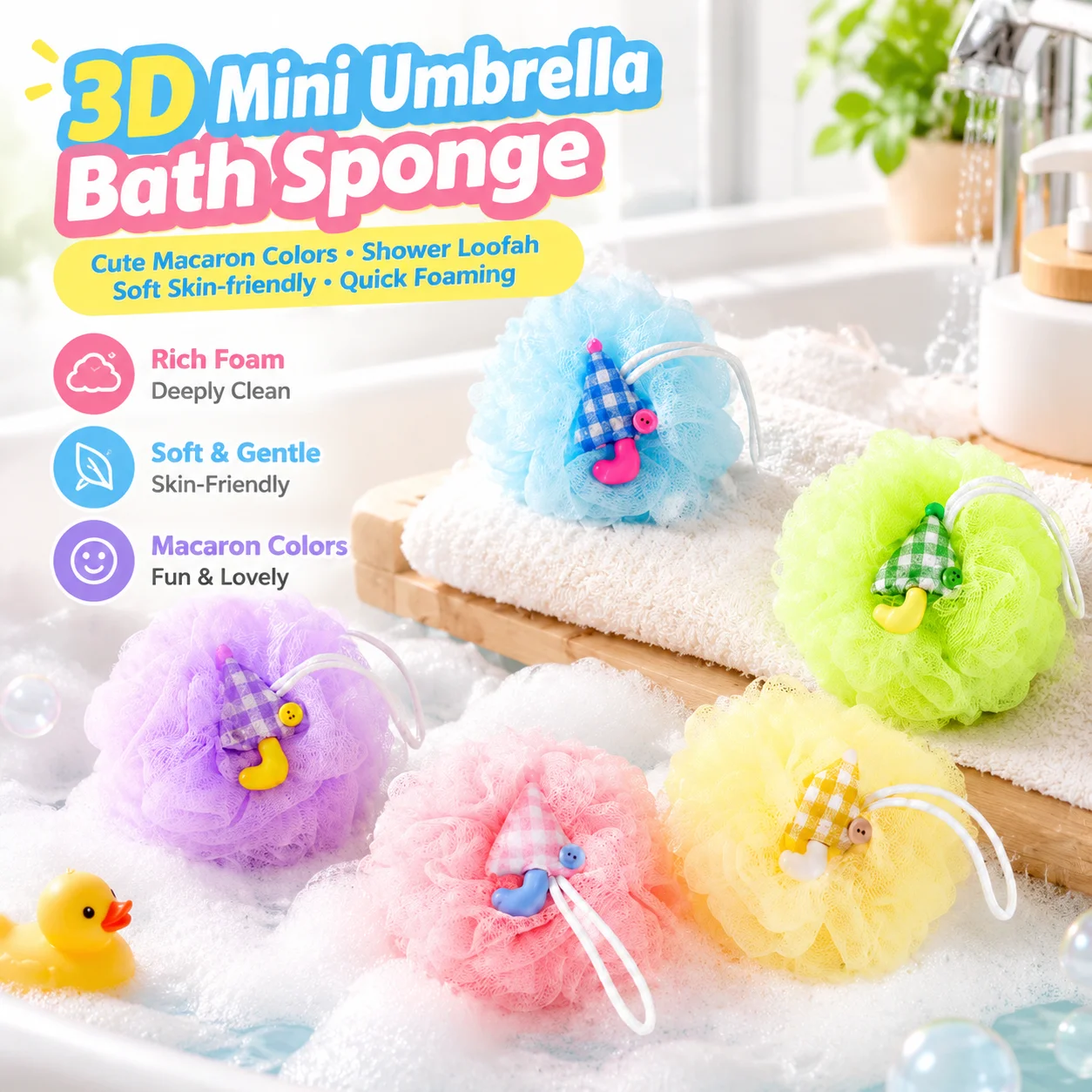 3D Mini Umbrella Bath Sponge, Cute Macaron Color Shower Loofah, Soft Skin-friendly Quick Foaming Kids Body Scrub Bubble