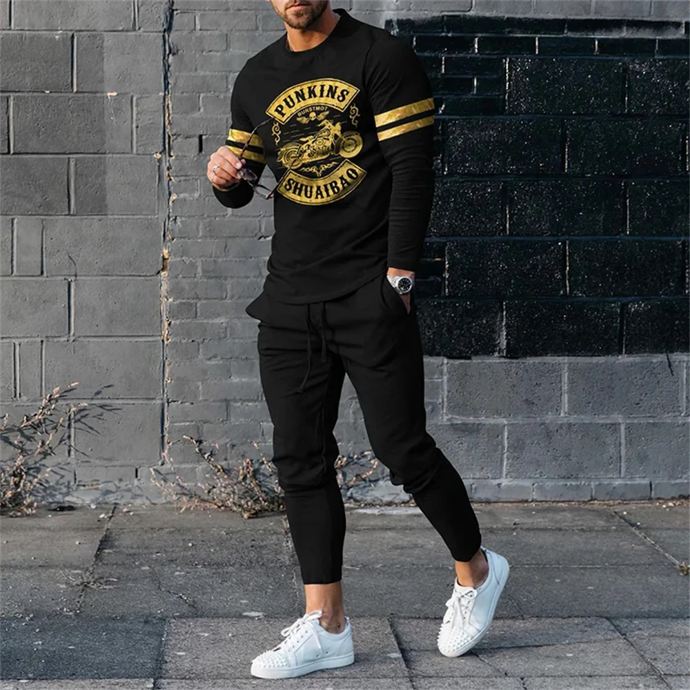 Autumn Vintage Ethnic Style 3D Print Men's Sportswear Set Long-Sleeved T Shirt Pants 2-Piece Set Oversized Pullover Men Clothing