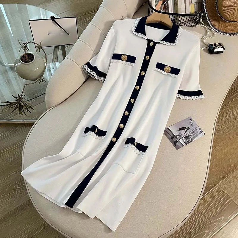 ZJYT Summer Women\'s Color Block Knitting Sweater Dress Female Clothes 2024 Short Sleeve Casual Dress White Vestidos Femininos