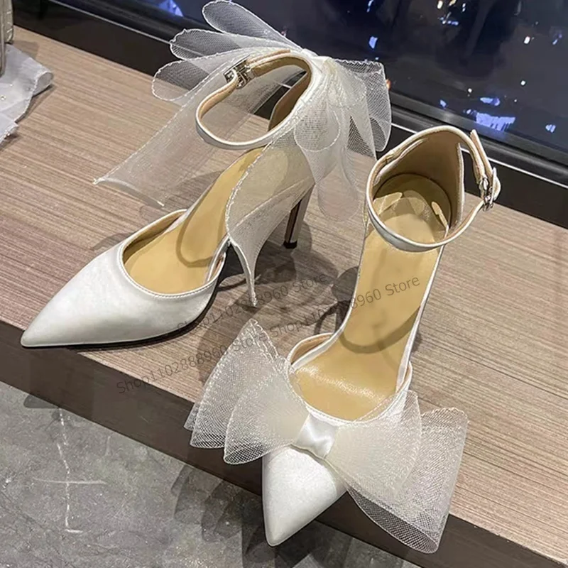 

Solid Silk Bow Knot Pumps Stilettos High Heel Cover Heel Shoes For Women Ankle Buckle Strap Pointed Toe Sexy Zapatillas Mujer