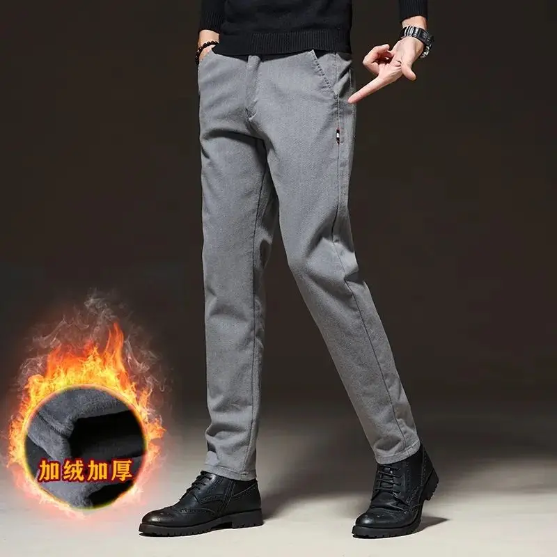 Men's Casual Autumn and Winter Sky Style with Thick Velvet Loose Straight Tube Elastic Business Fit Elastic Waist Versatile Pant