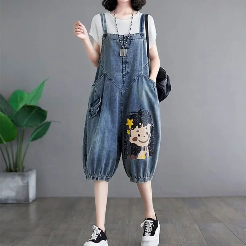 Macacões jeans estilo coreano dos desenhos animados impresso uma peça roupa casual solta roupas de verão para mulheres cintura alta jeans cortados