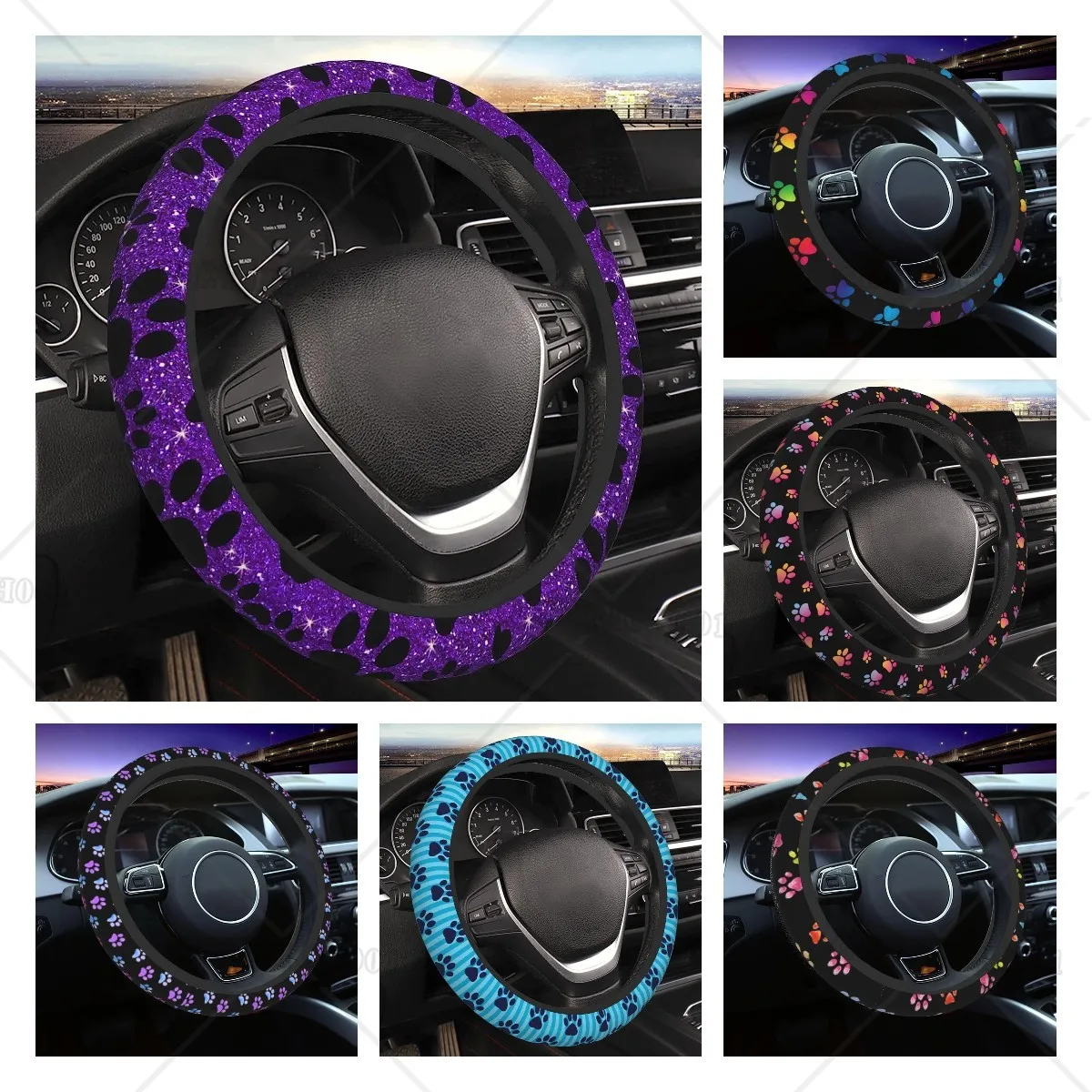 Dog Paws Purple Steering Wheel Cover for Women Girls Bling Steering Wheel Cover for Car 15 Inch Fit for Most Sedan SUV Cars