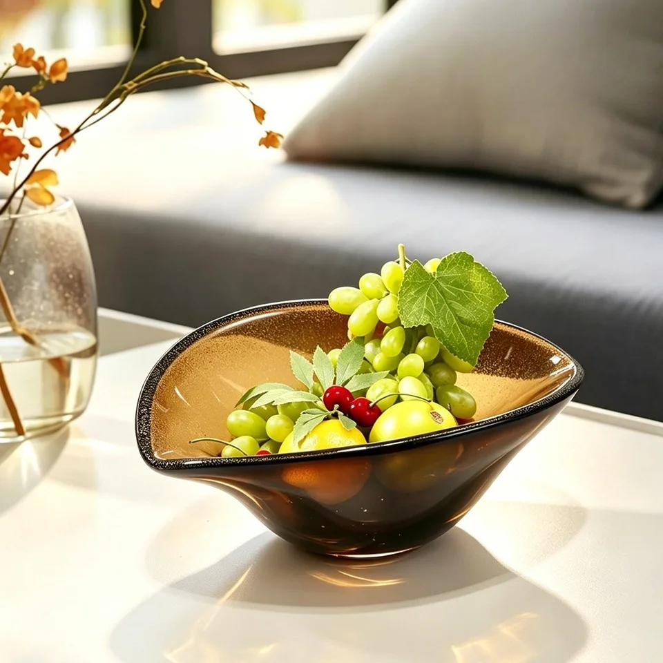 Modern light luxury black gold handmade glass fruit plate, home designer soft decorative plate, living room high-end storage