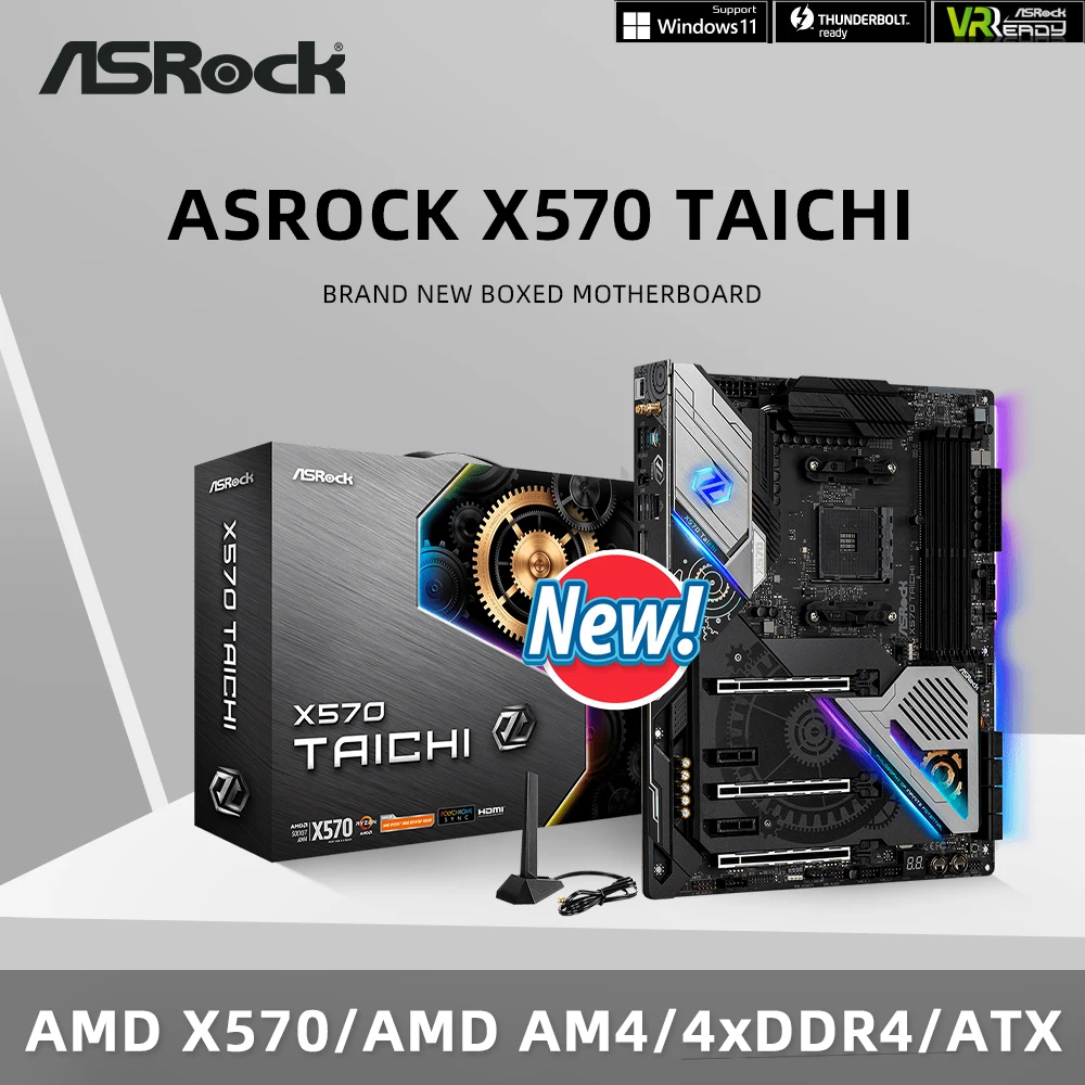 ASRock Brand New X570 Taichi Motherboard Supports Ryzen 5 5600 5600G R7 5700x3D 5800x3D CPU 4xDDR4 3200MHz M.2 with Original Box