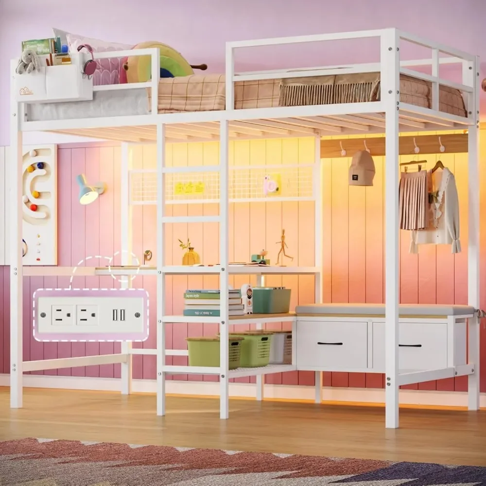 Loft Bed with L-Shaped Desk, LED Lights and Charging Station with Storage Shelves and Coat Rack with Drawers, Kids Bed