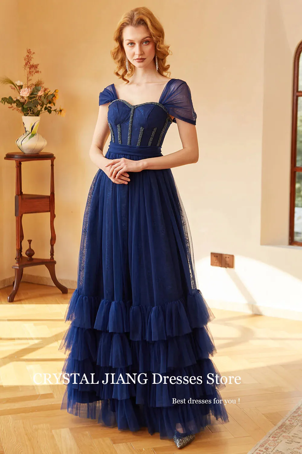 Classy Long Off the Shoulder Navy Blue Tulle Prom Dresses Short Sleeves A Line Tiered Floor Length فساتين الحفلات Party Gowns