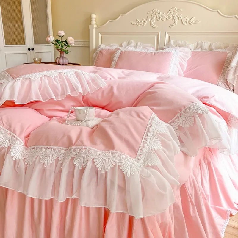 

100% Cotton Princess Bedding Sets Luxury Korean Pink Lace Ruffle Duvet Cover Bed Skirt Bedspread Pillowcases Queen King Size