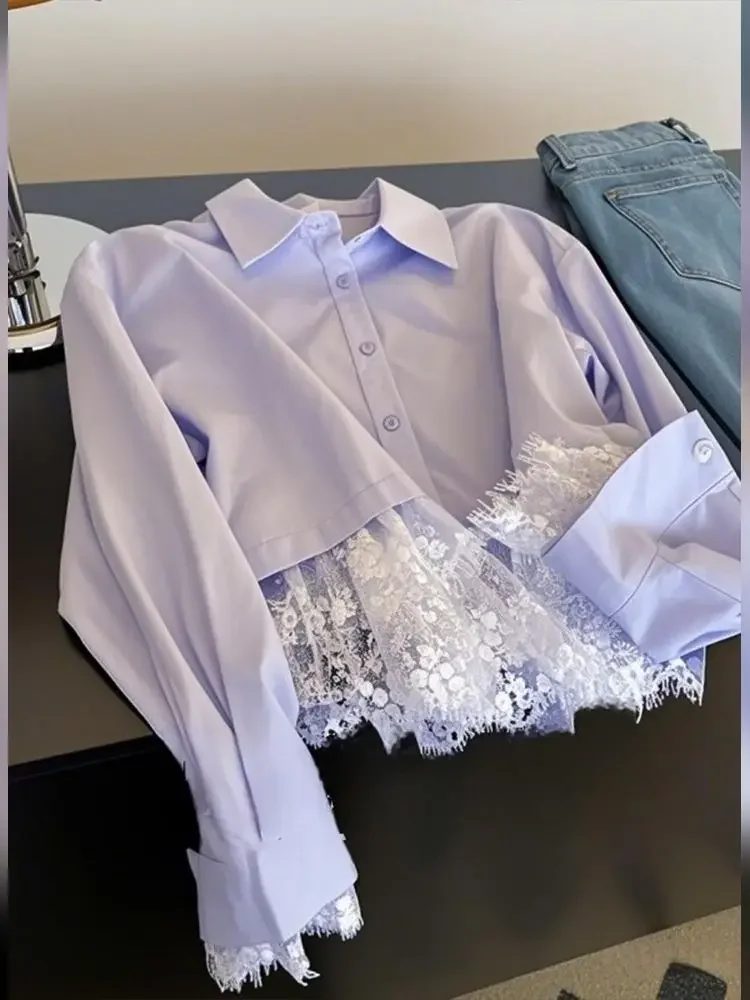 

Фиолетовая женская рубашка с длинными рукавами и кружевом с лацканами, новый весенний топ с дофамином XT1049