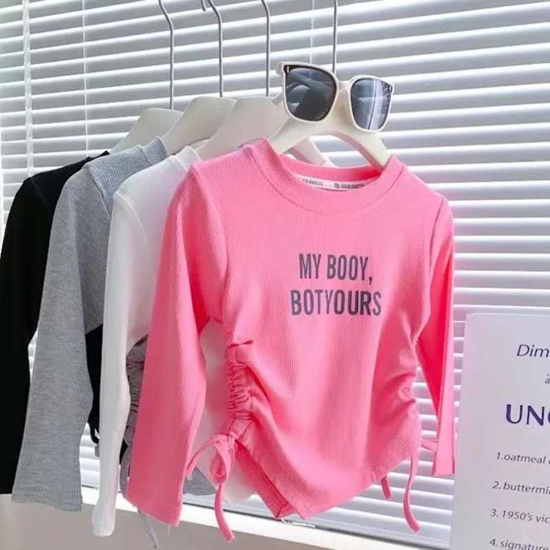 Children\'s 2023 Spring New Girls Korean Version Double-side Drawstring Letter Printing Elastic Long-sleeved T-shirt