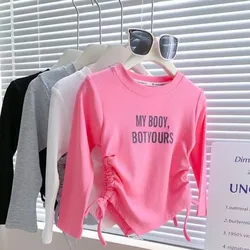 Children's  2023 Spring New Girls Korean Version Double-side Drawstring Letter Printing Elastic Long-sleeved T-shirt