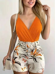 European and American cross-border new women's V-neck camisole and plant print shorts suit with belt