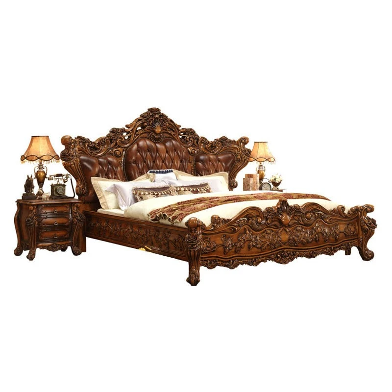 

European solid wood bed furniture master bedroom American dark oak engraved high-end luxury wedding bed 2m x 2.2m large bed