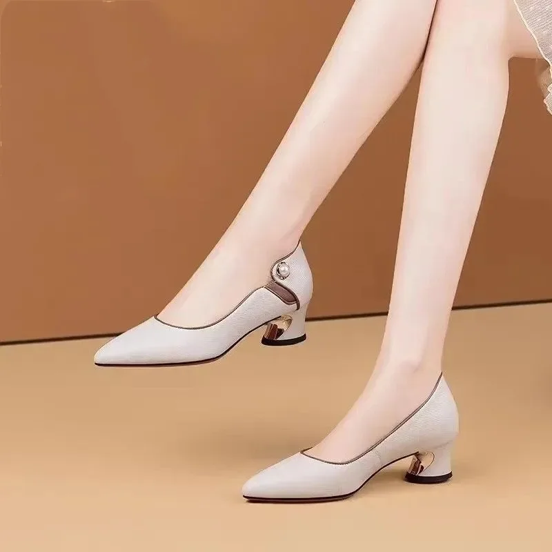 Zapatos De Mujer Women Classic Pointed Toe High Quality Spring & Autumn Square Heel Shoes Lady Casual Comfort Beige Pumps E1465