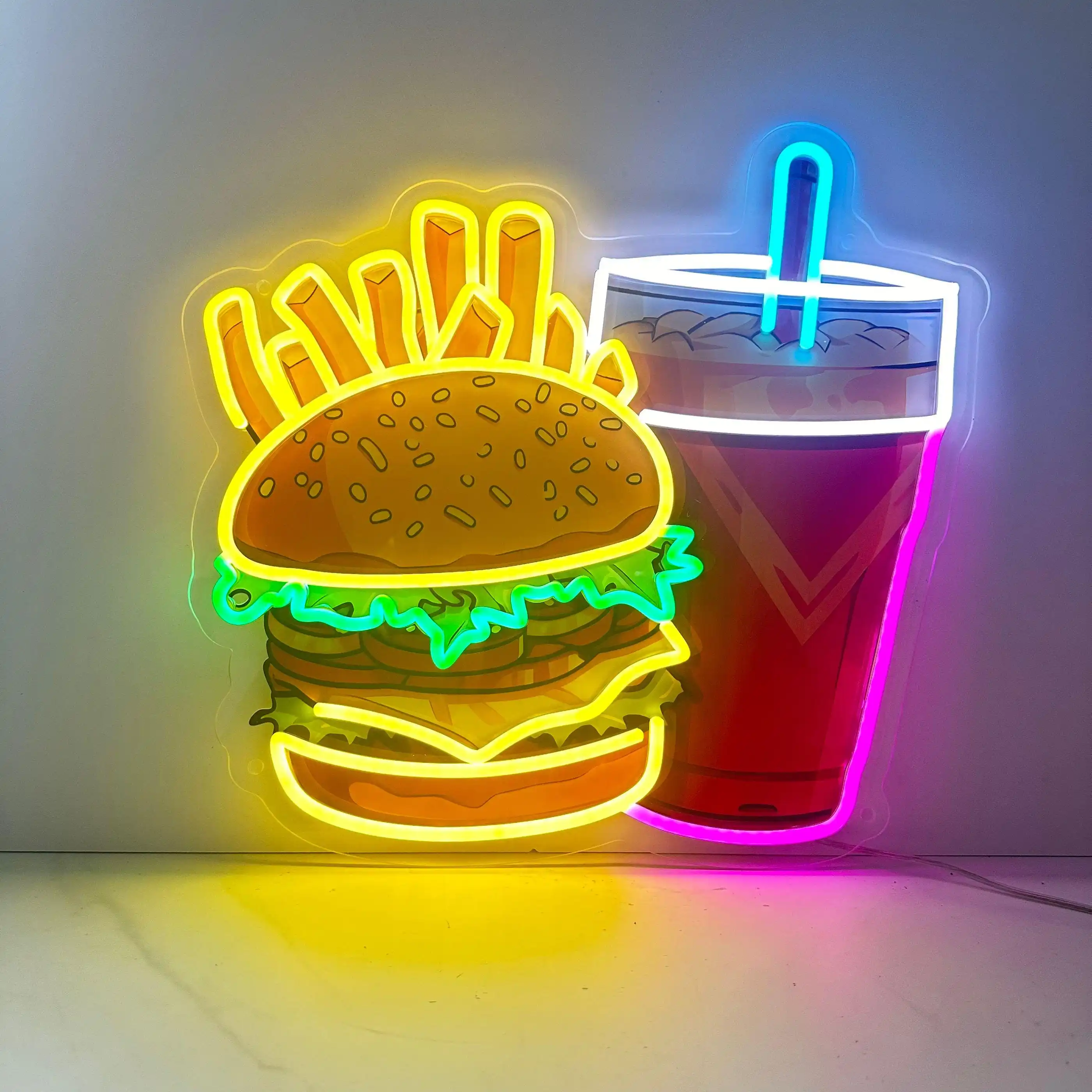 Burgers and Drinks Neon Sign Fast Food Business Restaurant Shop Sign Hamburger Neon Light Burgers Decor UV Print Acrylic Sign