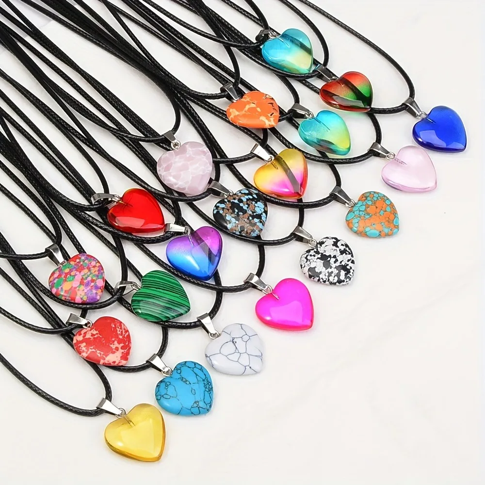 Insgesamt 30 Stück mehrfarbige Kristallherz-Anhänger-Halsketten mit schwarzen Lederketten für DIY-Schmuckherstellung, Valentinstagsgeschenk – Detail 2