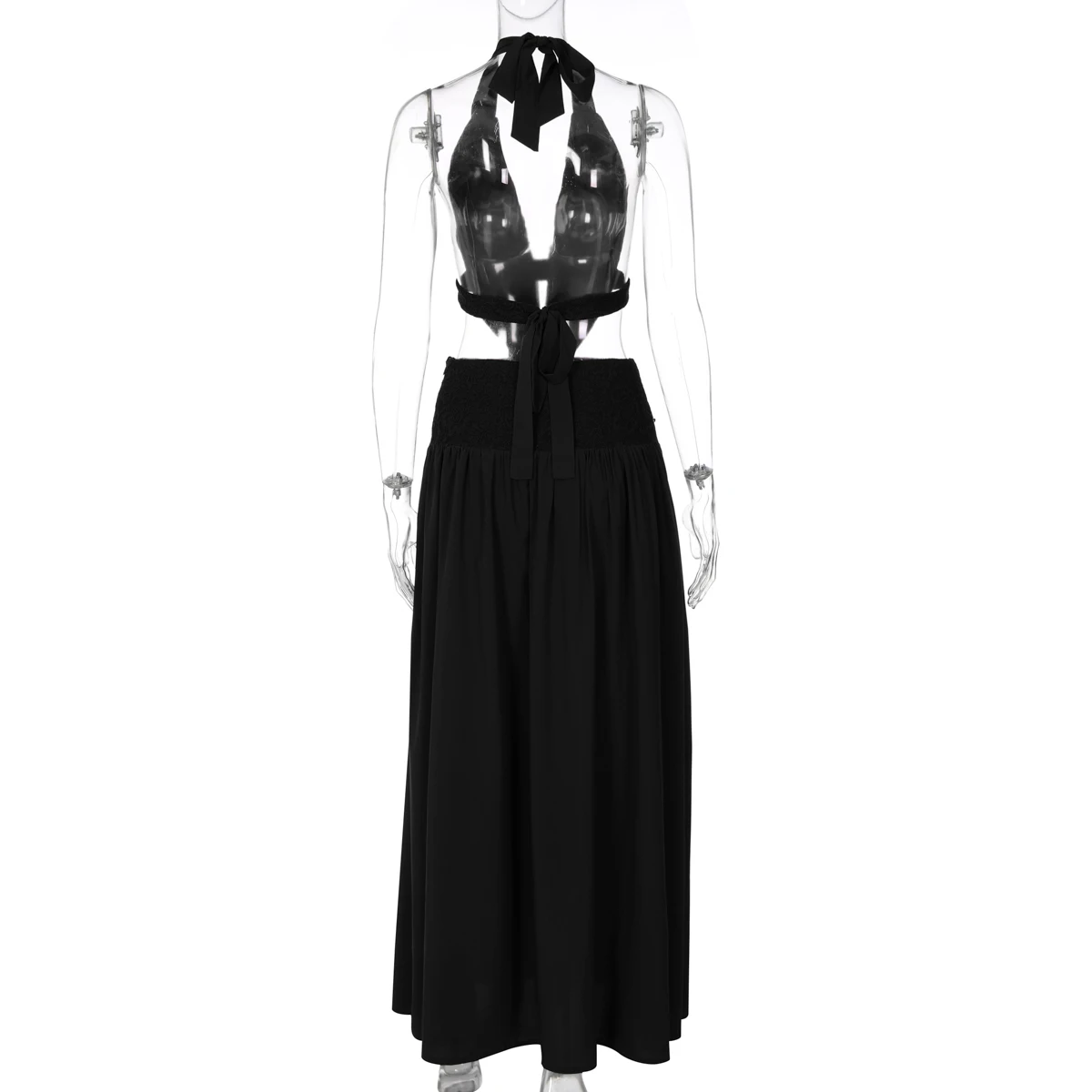 Hugcitar Damenmode, Neckholder, V-Ausschnitt, einfarbig, rückenfrei, gerüscht, mit Schnürung, sexy Maxikleid, Patchwork-Spitze, Sommerkleid, Strandurlaub – Detail 17