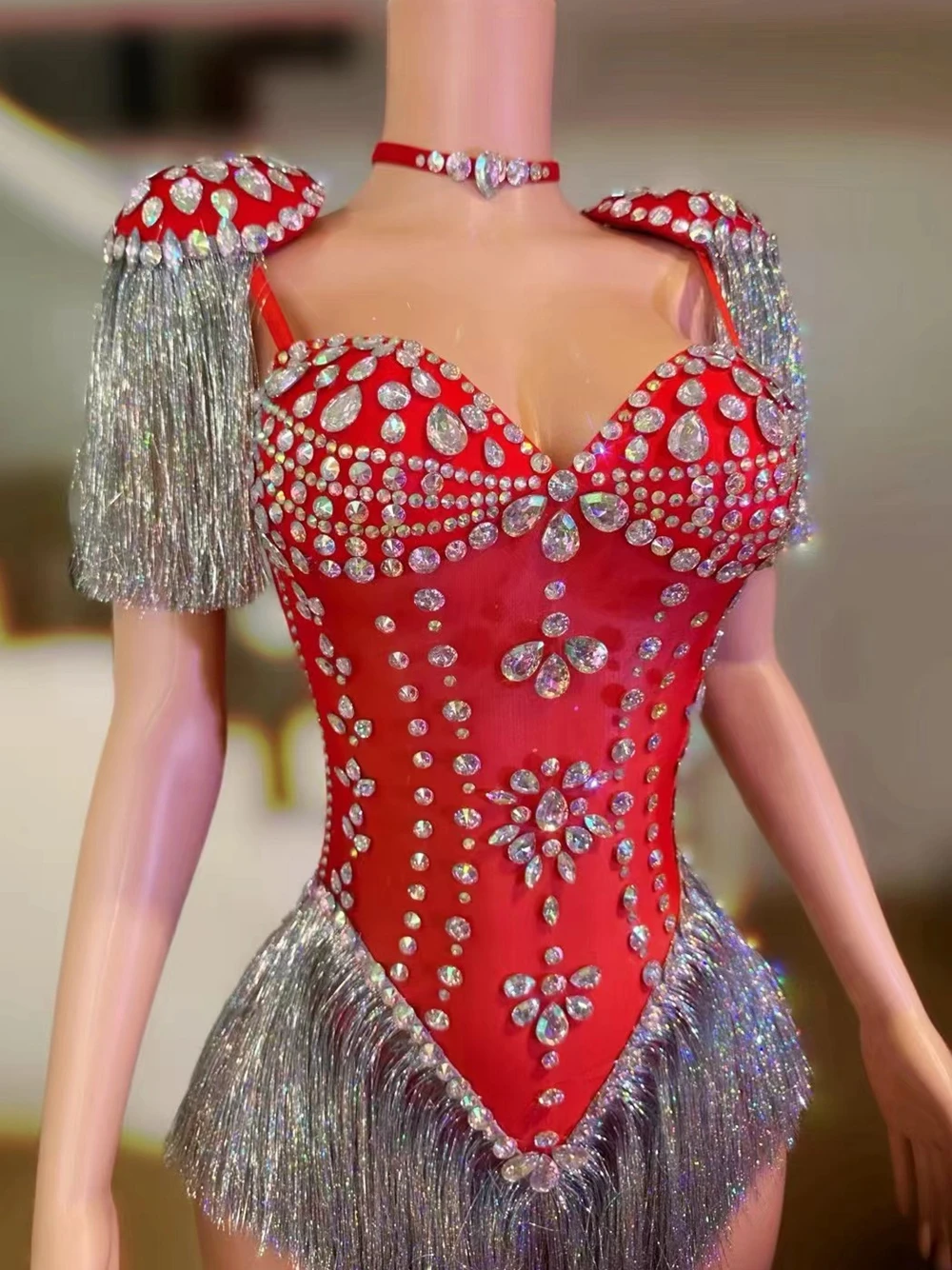 Dostosowane świecące dżetów body z frędzlami kobiety seksowny występ kostium taneczny piosenkarka tancerz strój sceniczny strój do klubu nocnego