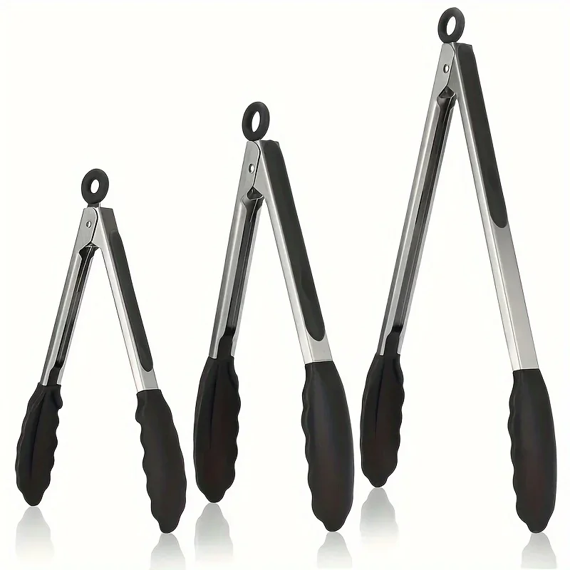 3 Size Available Heavy Duty Stainless Steel Kitchen Tongs with Silicone Tips High Heat Resistant Locking Design Secure Grip