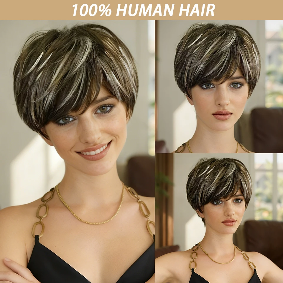 

4/27 Мелирование Короткий парик с стрижкой пикси с челкой Полностью машинное производство Парики для женщин Прямые бразильские многослойные парики из человеческих волос