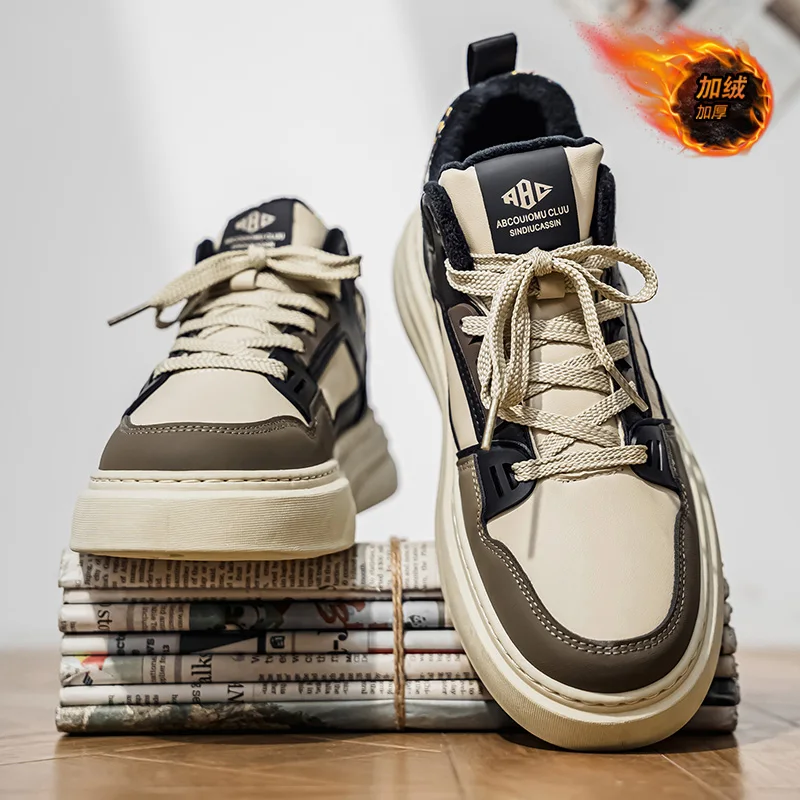 

Winter Fleece-Lined Men's Sneakers | Thickened Warm Two-Layer Cotton Shoes, Thick-Soled Ins Trendy Style, Teenagers Versatile Ca