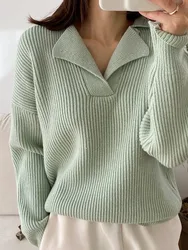 HELIAR Women Green V-neck Sweater Long-sleeved Knitted Pullovers Ribbed Oversize Solid Sweaters Women 2024 Autumn and Winter