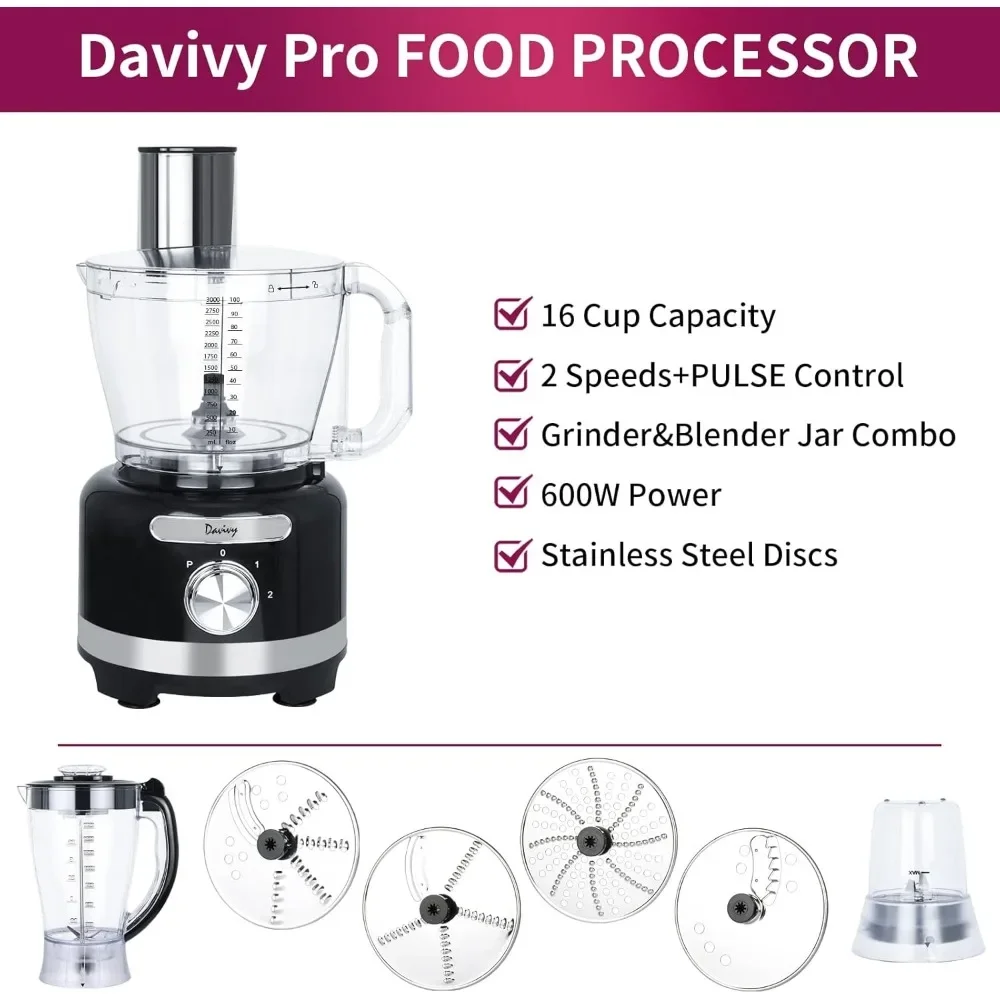 مجموعة خلاط محضرة الطعام سعة 16 كوبًا، 11 في 1 متعددة الوظائف سعة 3.8 لتر، 7 أكواب (60 أونصة) خلاط 1 كوب