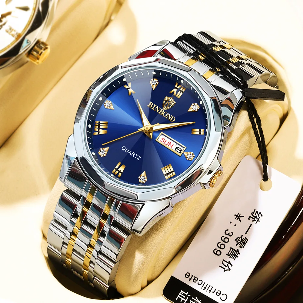 

Luxury Men Watches 2023 New Gold Stainless Steel Waterproof Luminous Date Week Sports Business Blue Wristwatch Relogio Masculino