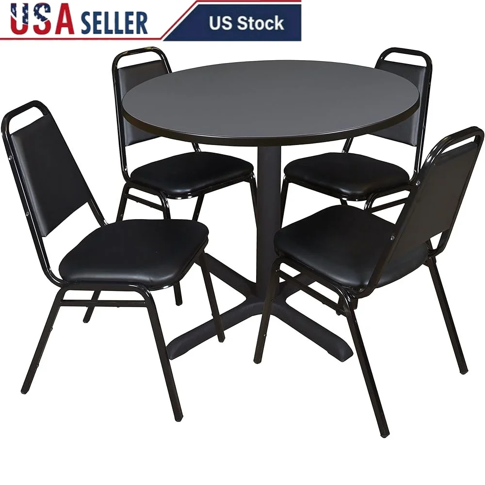 

42 Inch Round Breakroom Table with Durable Melamine Top and 4 Stackable Black Vinyl Restaurant Chairs Cafeteria