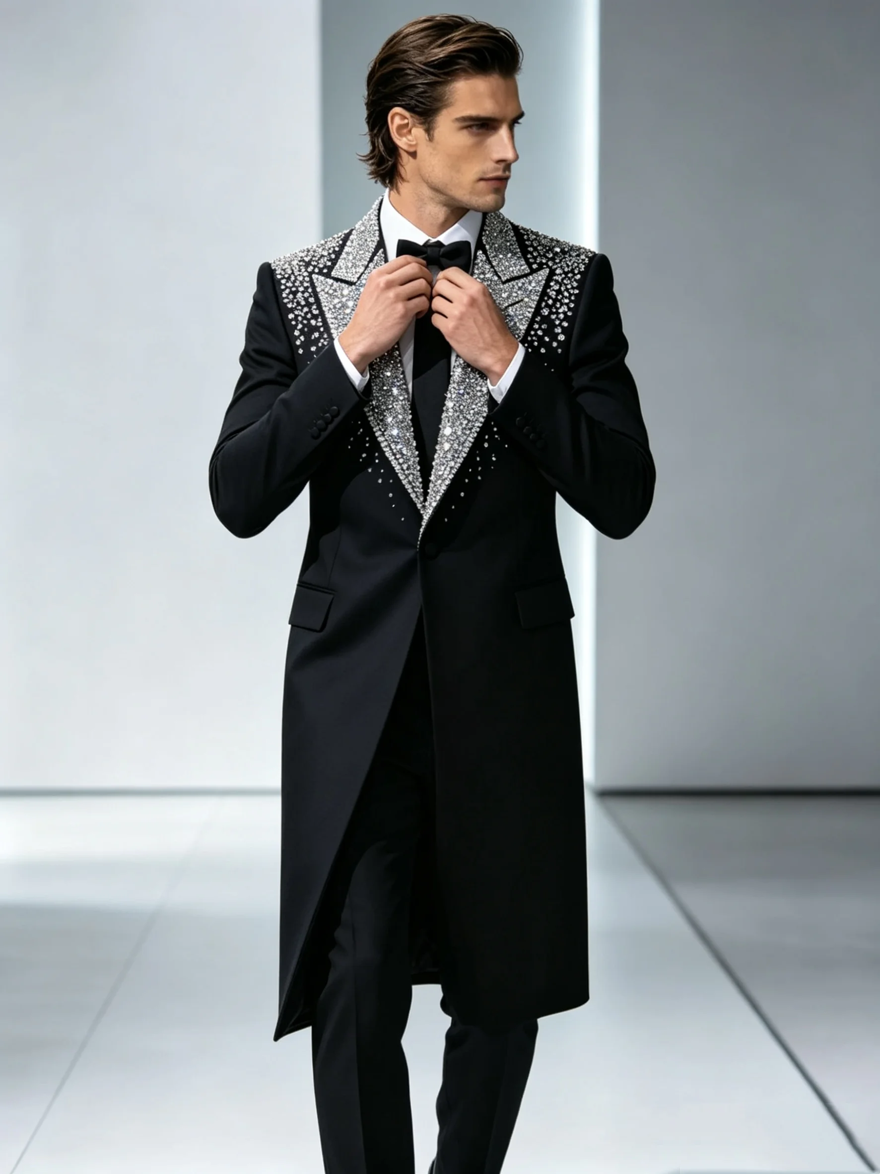 Designer Black Men Suit Set 2 Pcs Blazer+Pants Trousers Shiny Crystals Customized Formal Office Jacket Wedding Tuxedos Prom Coat