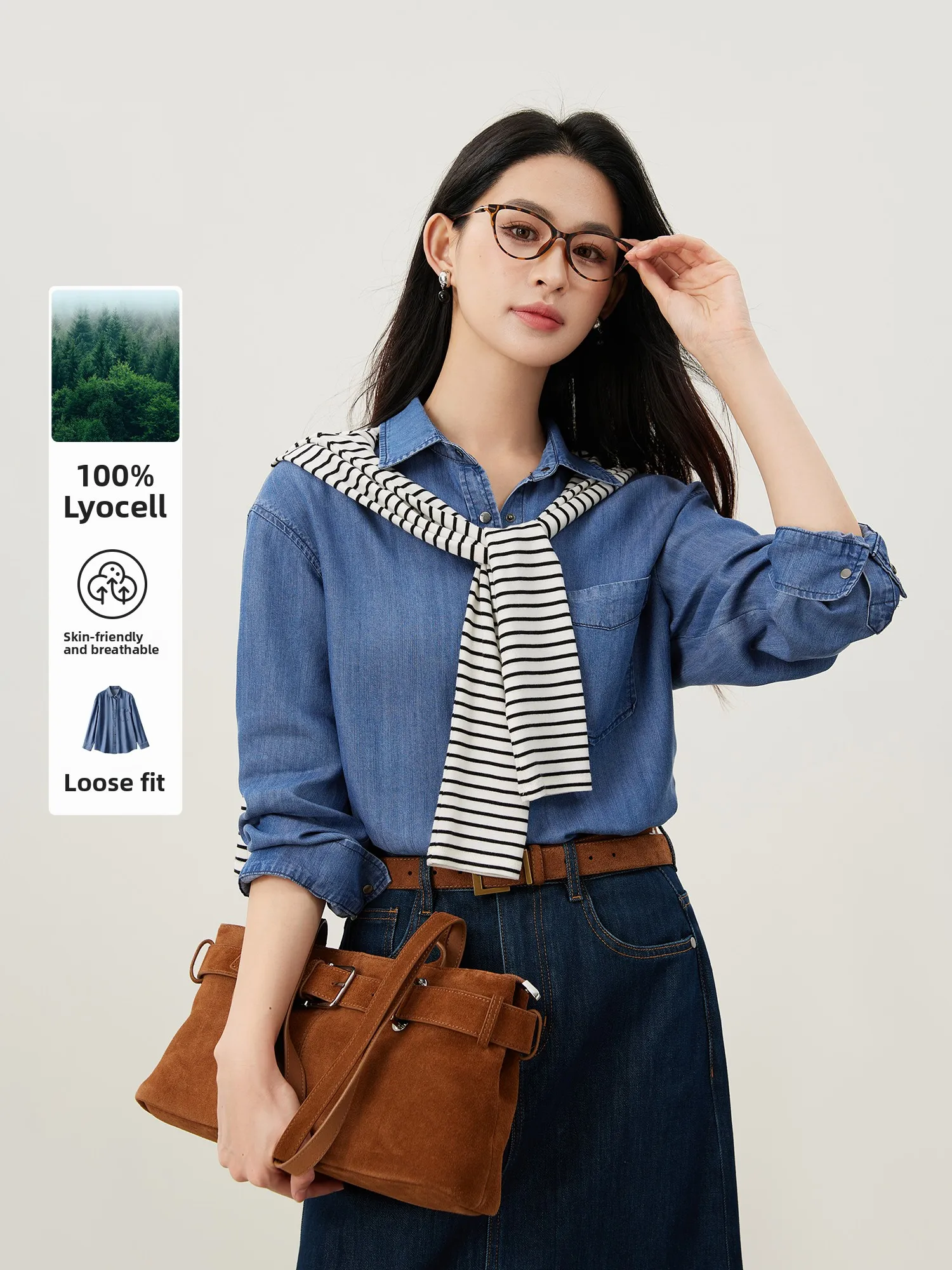 

Mijia High Quali Women's Casual Denim irt Versatile 00% Lyocell Long Sve Collar Button up Autumn Top Faion Sle