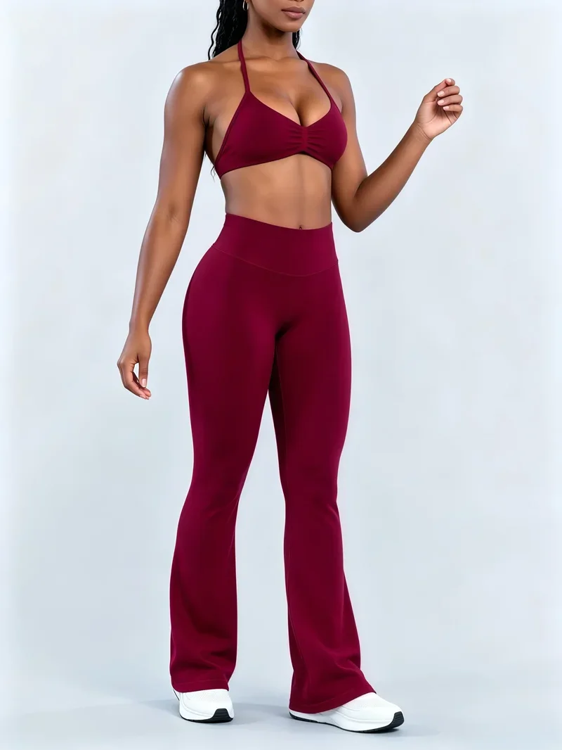 2-teiliges HISTELLO Schlaghosen-Set für Damen, Neckholder-Sport-BH, Nahtlose Po-Lifting-Yogahose, Bauchkontrolle, Fitness-Workout-Sets – Detail 8