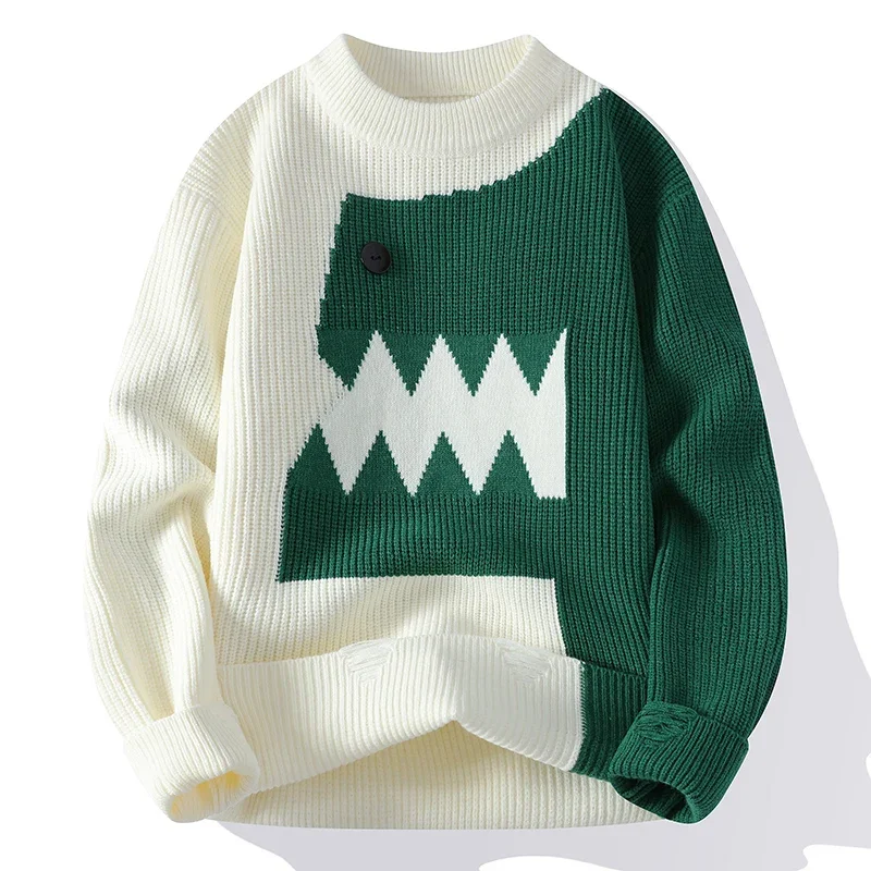 Harajuku Fun Dinosaur Sweater Autumn and Winter Warm Knitwear 2024 New Couple Splicing Design Couple Knit Pullover