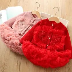 2-7Y Girls Clothing Set Big Lace Heart Knitwear Ball Gown Tulle Skirts 2PCs Knit Suit Children Outfit
