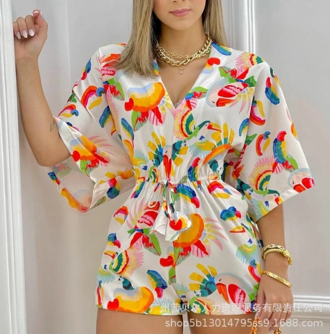 

Hawaiian Seaside Tropical Print V-Neck Waist Closing Shorts Jumpsuit for Women's Loose Summer Clothing New Casual Versatile Set